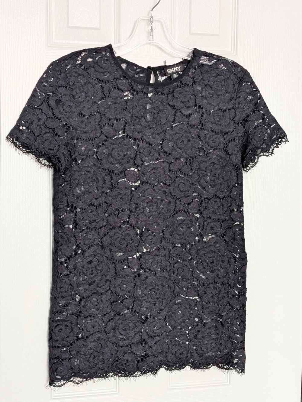 DKNY Women's (Small) Black Floral Lace Short-Sleeve Blouse/Top w/Cut-Outs